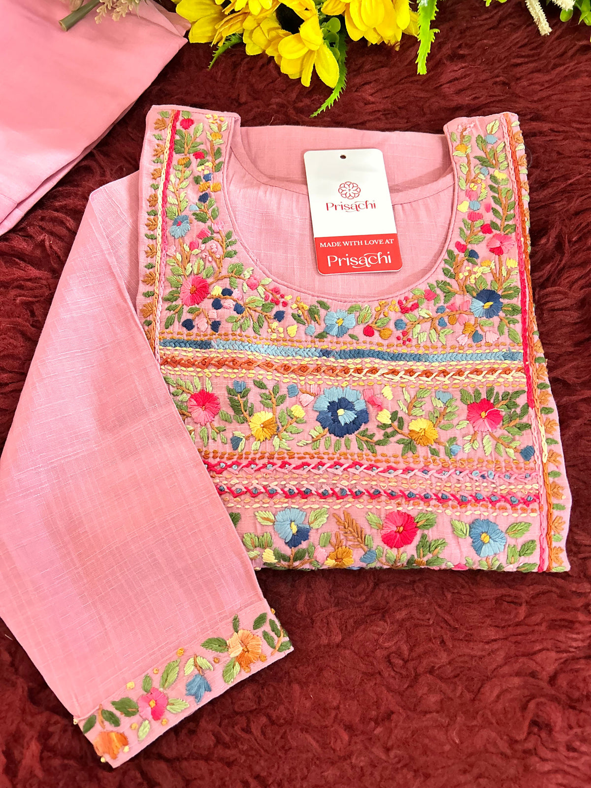 Pink Thread Embroidered Kurti Pant Co-ord Set | Ethnic Office & Casual Wear