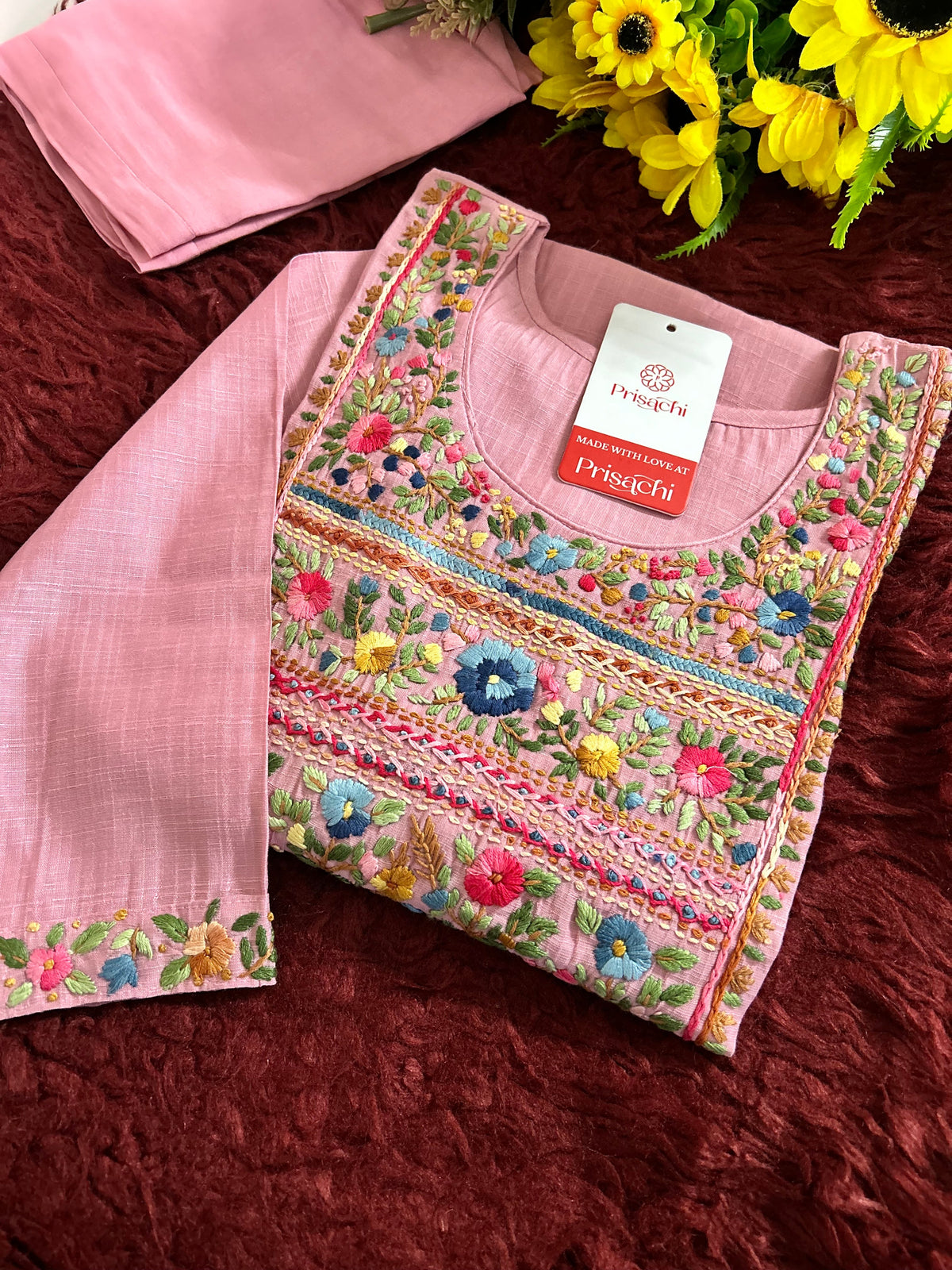 Pink Thread Embroidered Kurti Pant Co-ord Set | Ethnic Office & Casual Wear