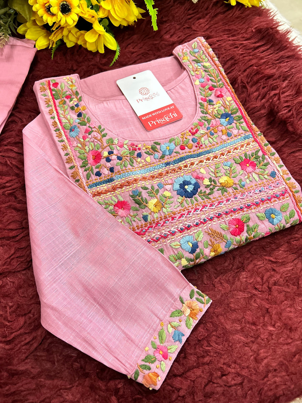 Pink Thread Embroidered Kurti Pant Co-ord Set | Ethnic Office & Casual Wear