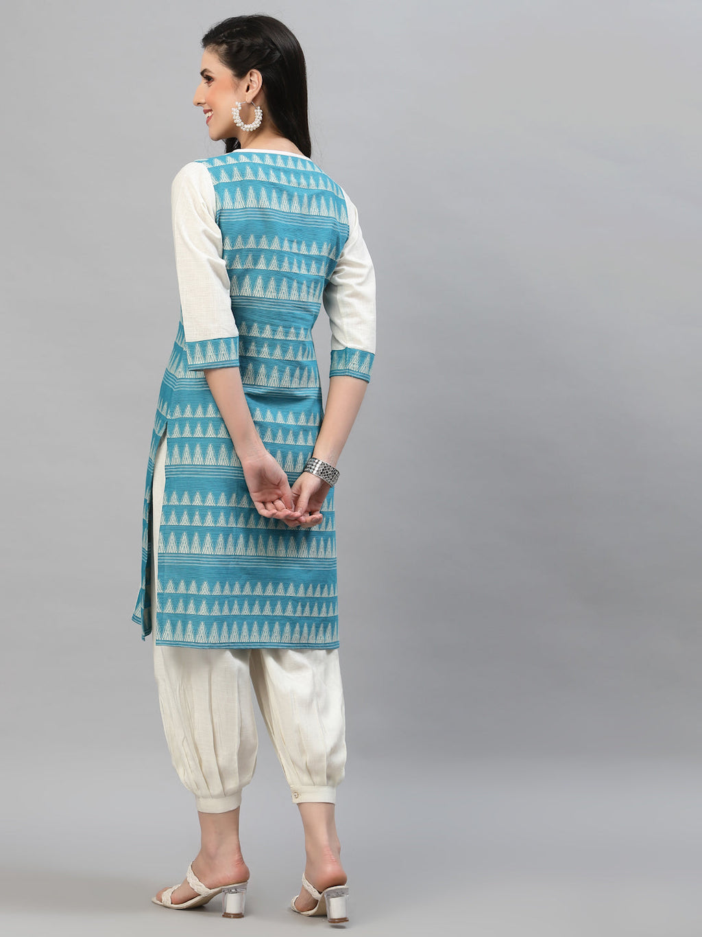 Women Off White & Blue Linen Jacquard Kurta