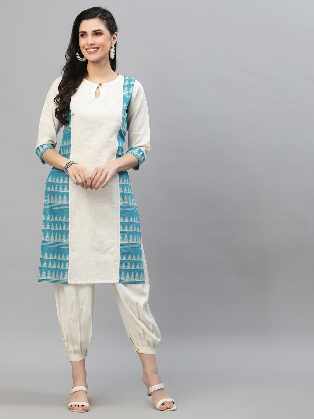 Women Off White & Blue Linen Jacquard Kurta
