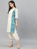 Women Off White & Blue Linen Jacquard Kurta