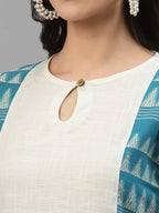 Women Off White & Blue Linen Jacquard Kurta