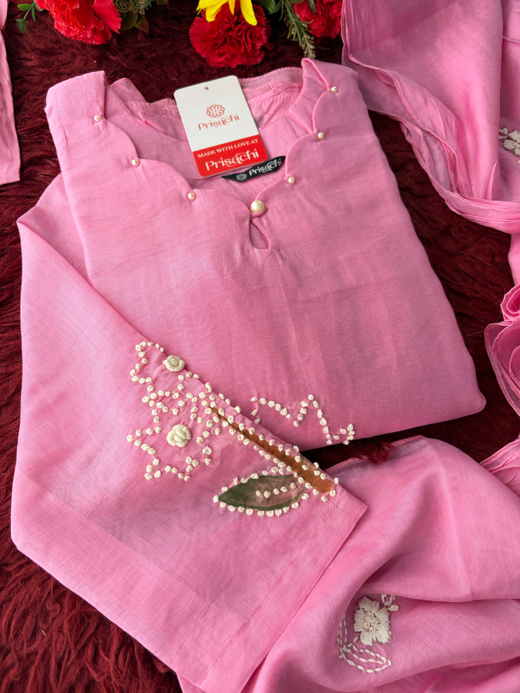 Pink Thread Embroidered A-Line Ethnic Kurta Set with Dupatta & Pants