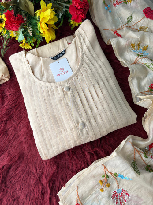Beige Thread Embroidered A-Line Ethnic Kurta Set with Dupatta & Pants