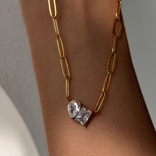 Chic Triangle & Rectangle Zirconia Pendant Pin Link Chain Gold Necklace JLTN1231 Just Lil Things