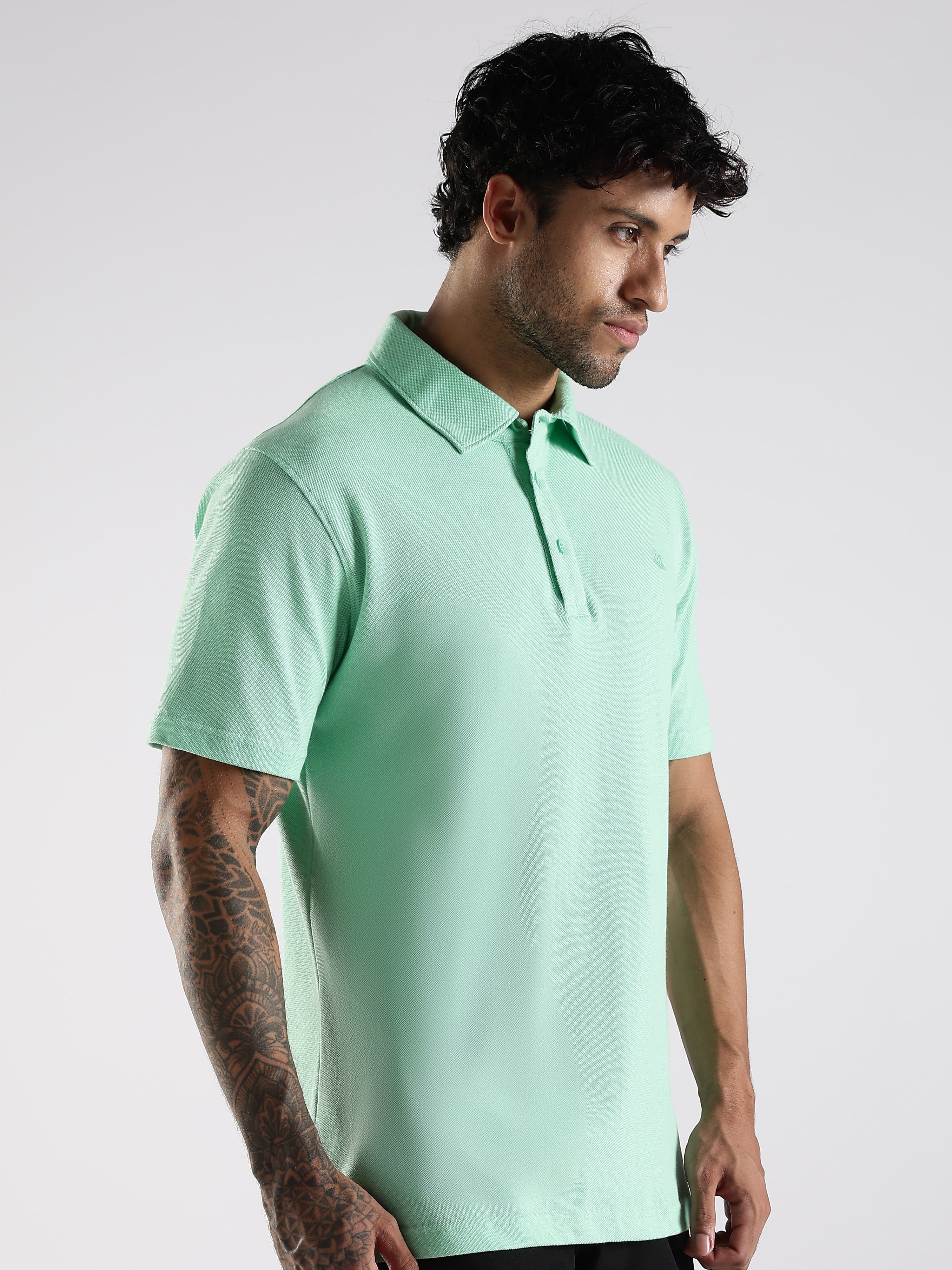 Sea Green Cotton Polo T-Shirt for Men