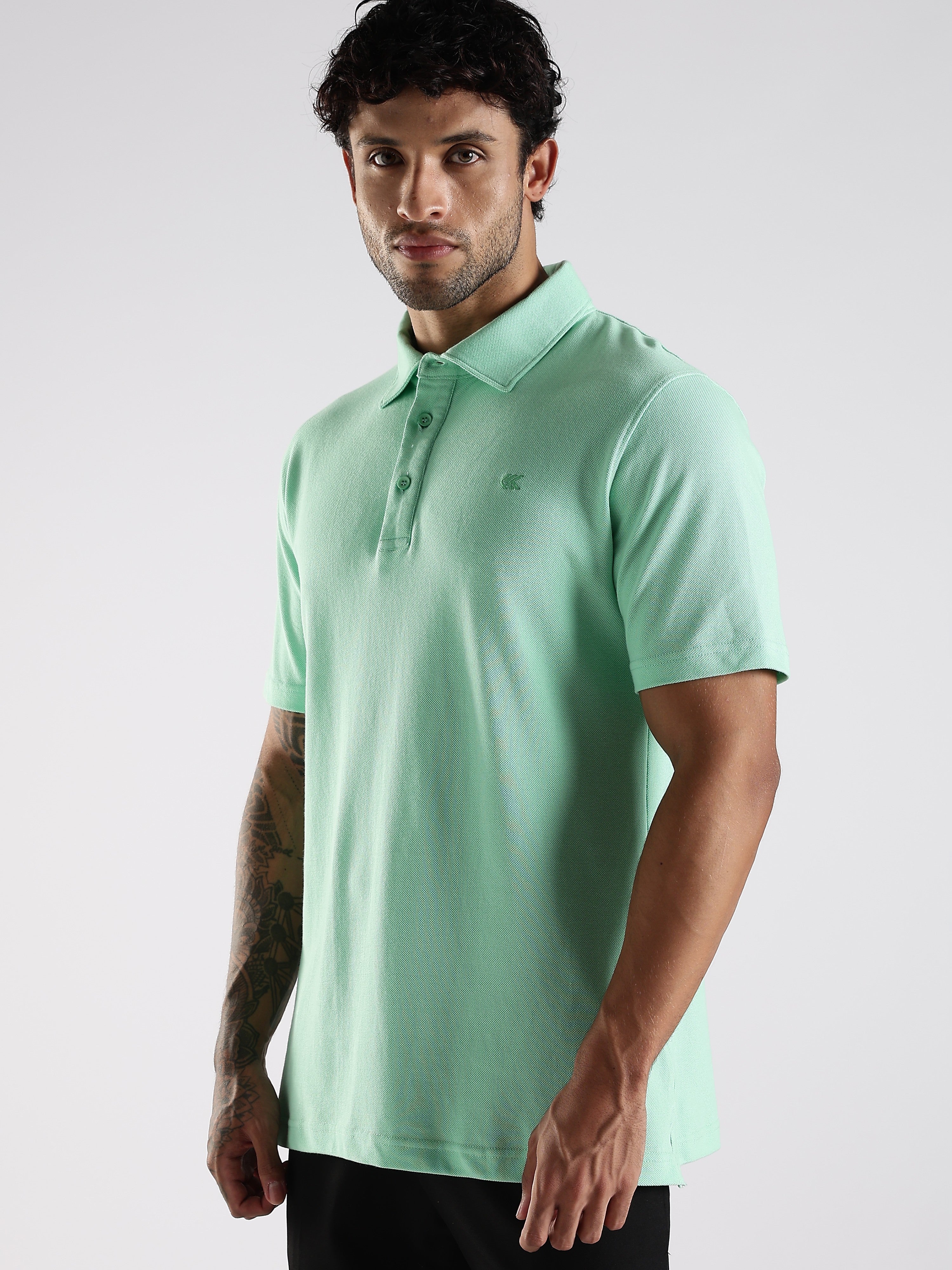 Sea Green Cotton Polo T-Shirt for Men