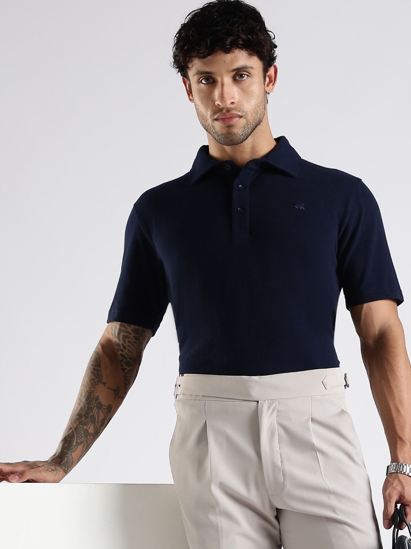 Navy Blue Cotton Polo T-Shirt for Men