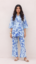 Sky Blue Hand-Drawn Floral Co-Ord Set – Cotton Comfortwear