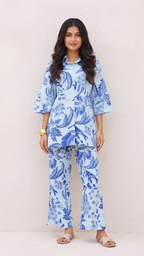 Sky Blue Hand-Drawn Floral Co-Ord Set – Cotton Comfortwear