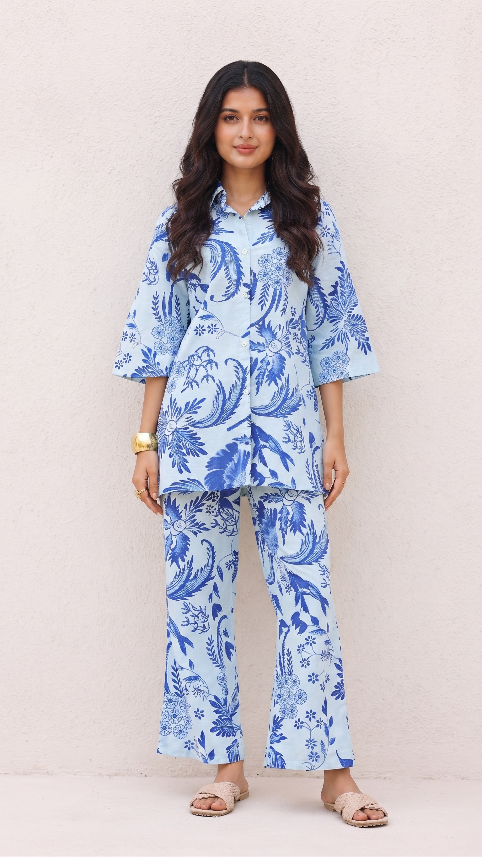 Sky Blue Hand-Drawn Floral Co-Ord Set – Cotton Comfortwear