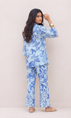 Sky Blue Hand-Drawn Floral Co-Ord Set – Cotton Comfortwear