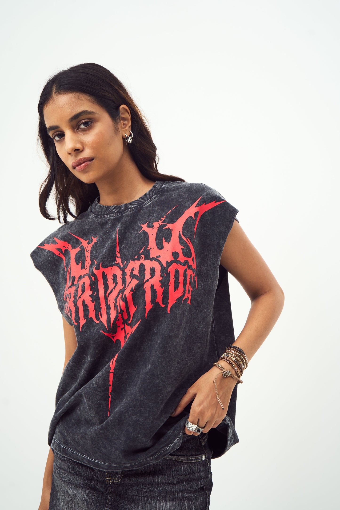 Acid wash Gothic Muscle Tee Red print