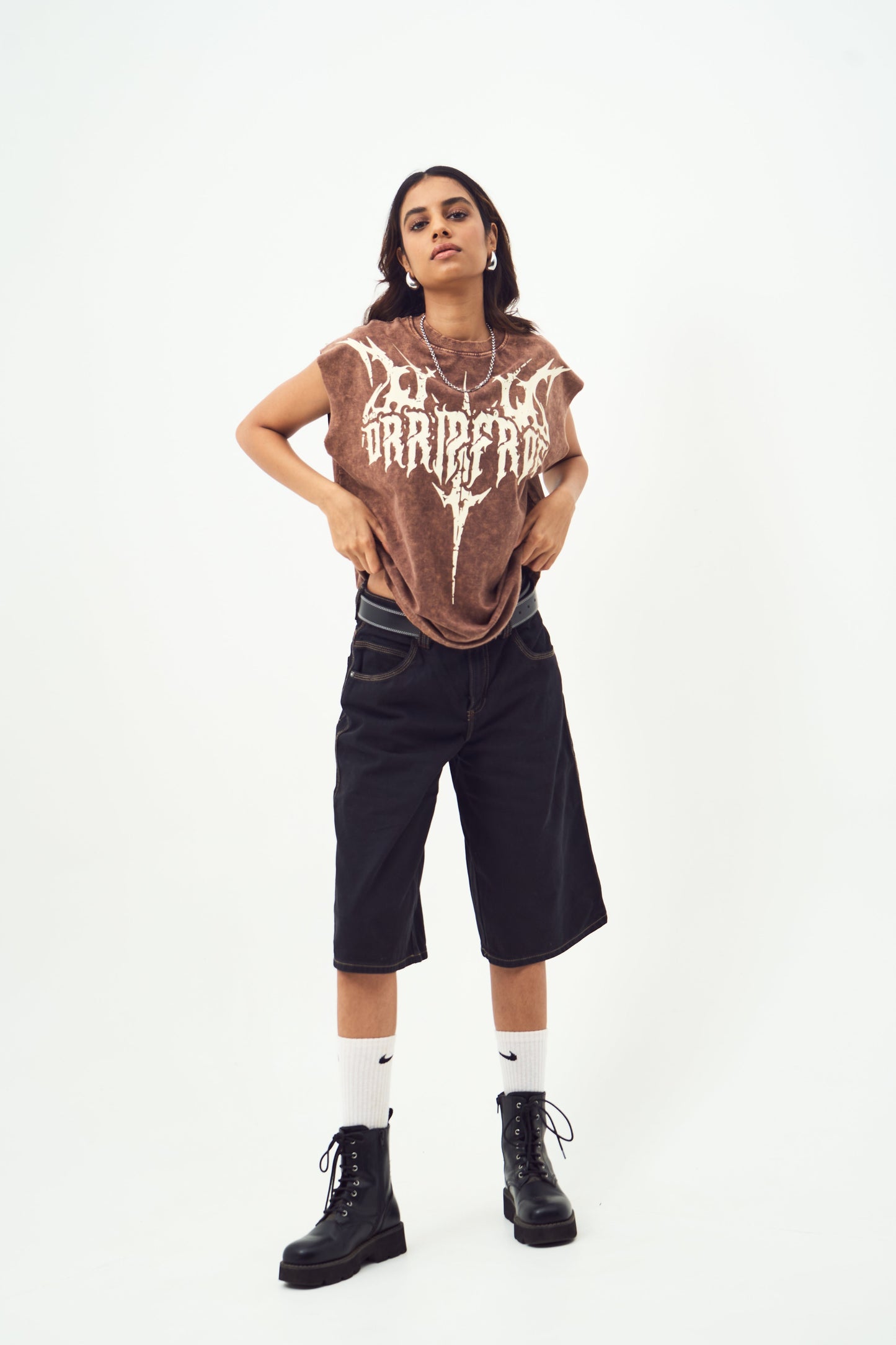 Brown Acid Wash Gothic Muscle Tee Beige Print