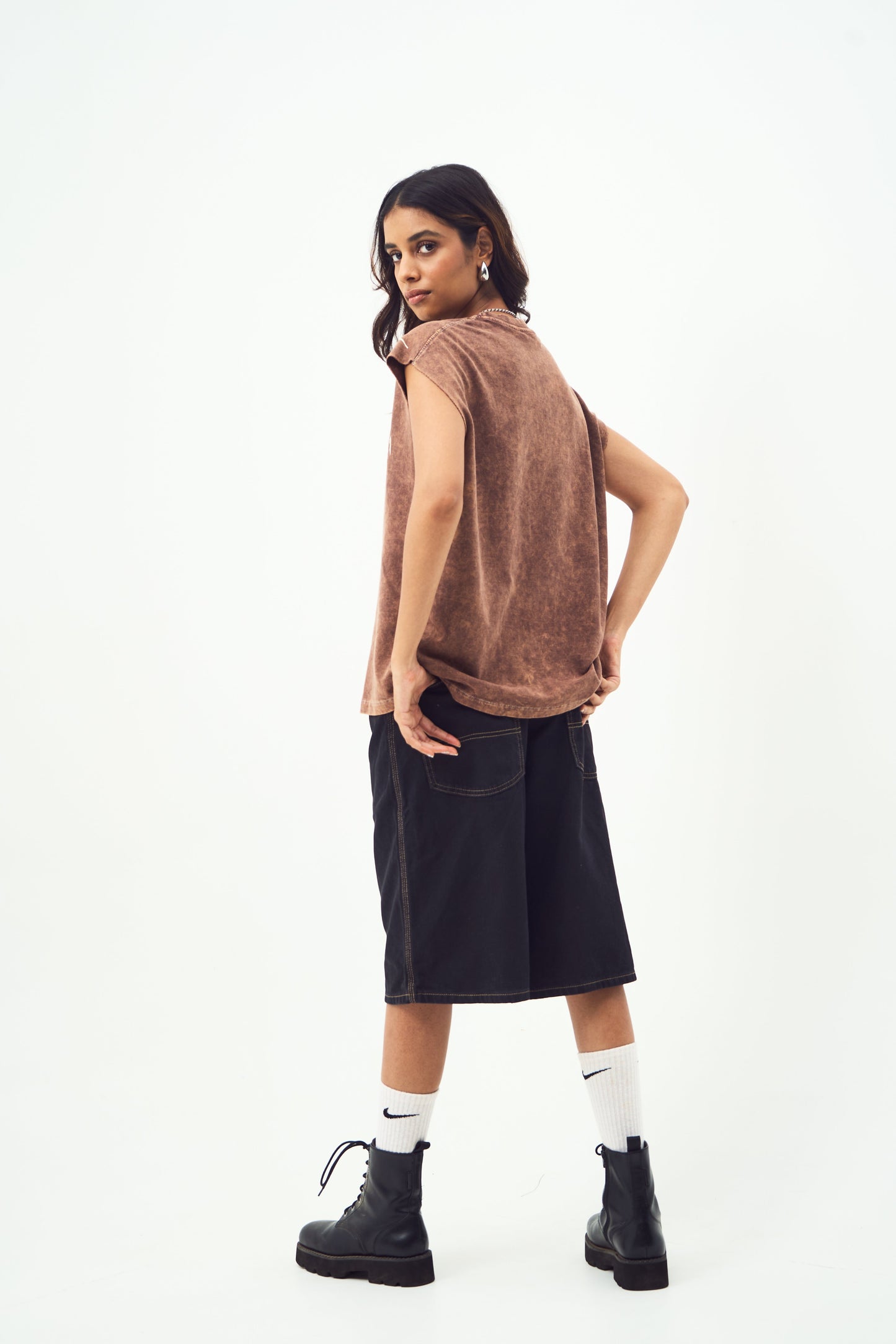 Brown Acid Wash Gothic Muscle Tee Beige Print