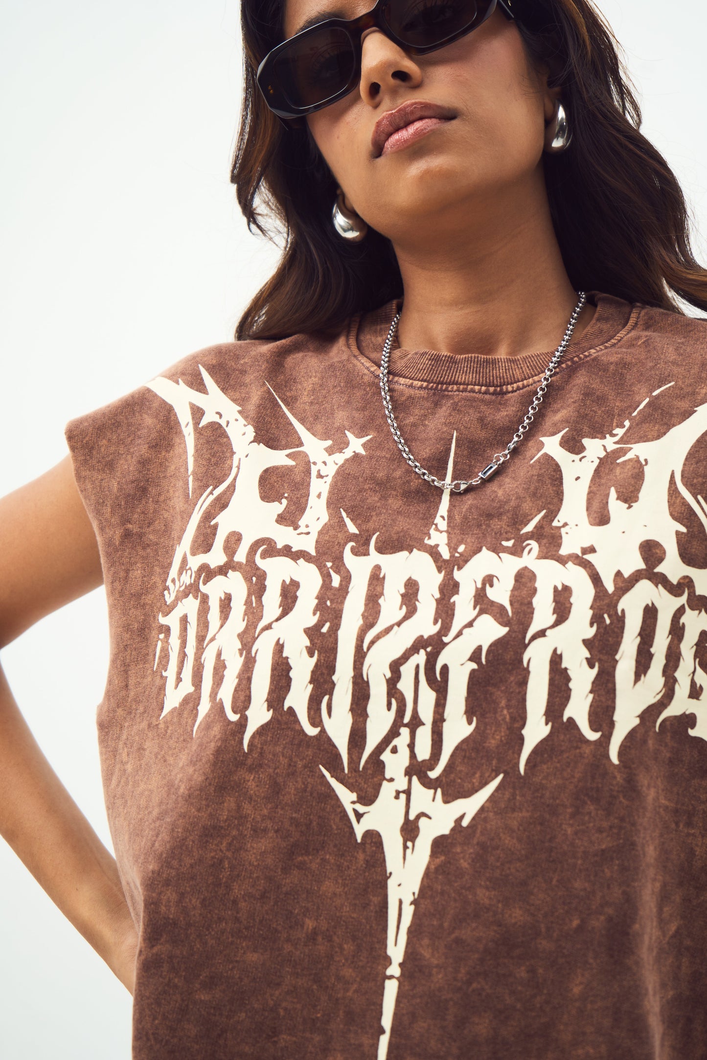 Brown Acid Wash Gothic Muscle Tee Beige Print