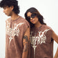 Brown Acid Wash Gothic Muscle Tee Beige Print