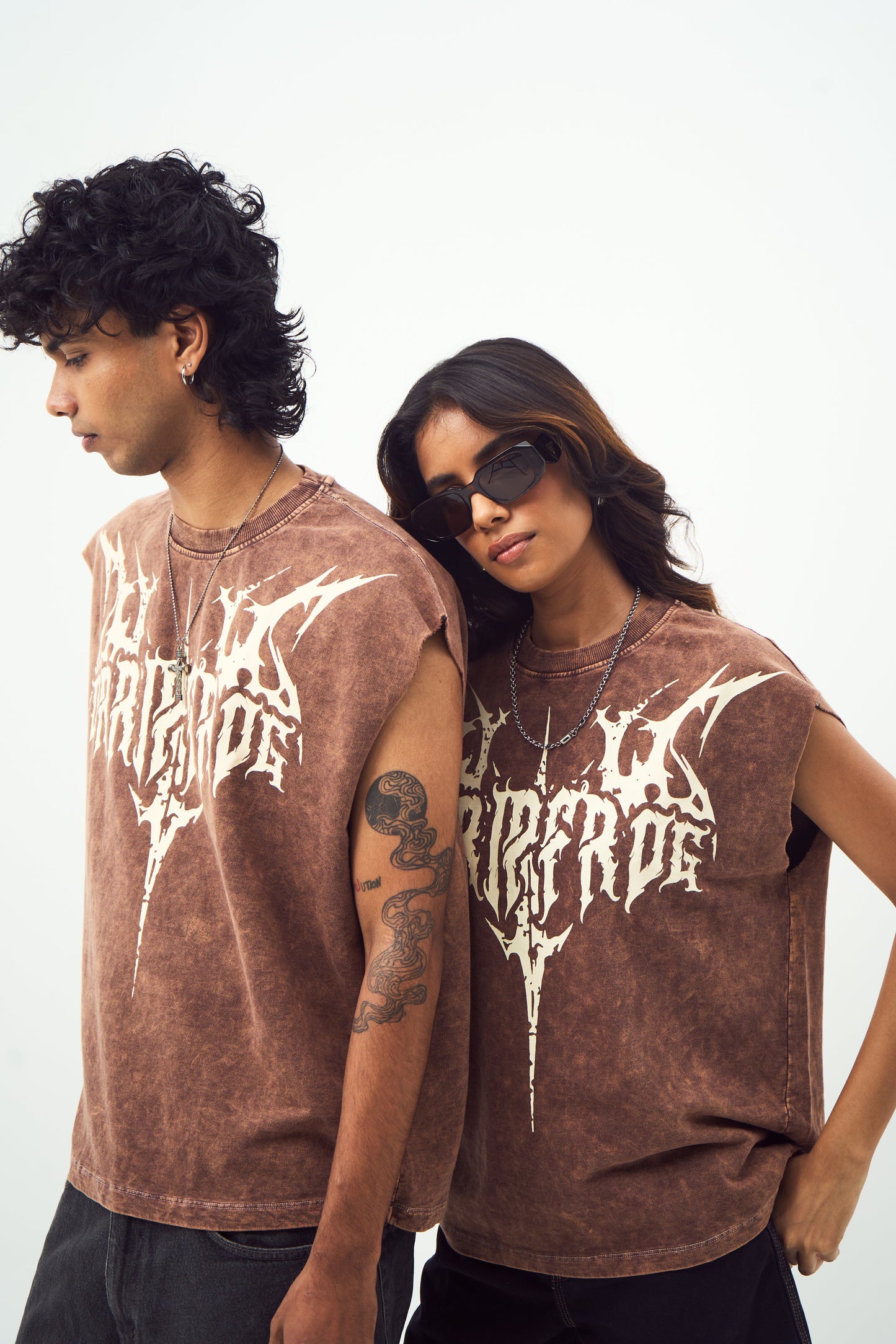 Brown Acid Wash Gothic Muscle Tee Beige Print
