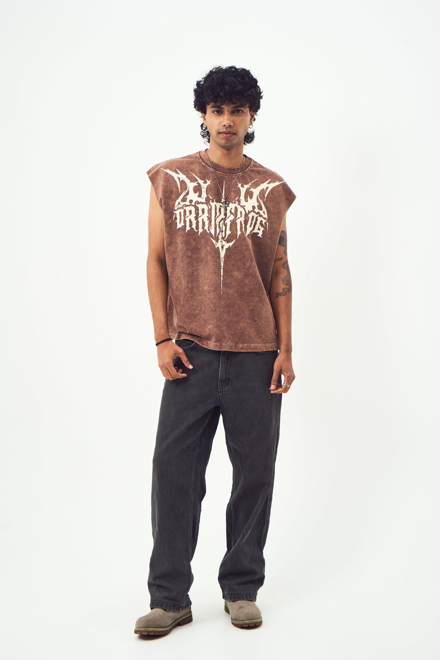 Brown Acid Wash Gothic Muscle Tee Beige Print