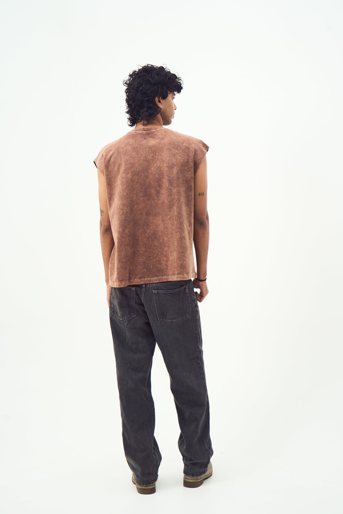 Brown Acid Wash Gothic Muscle Tee Beige Print