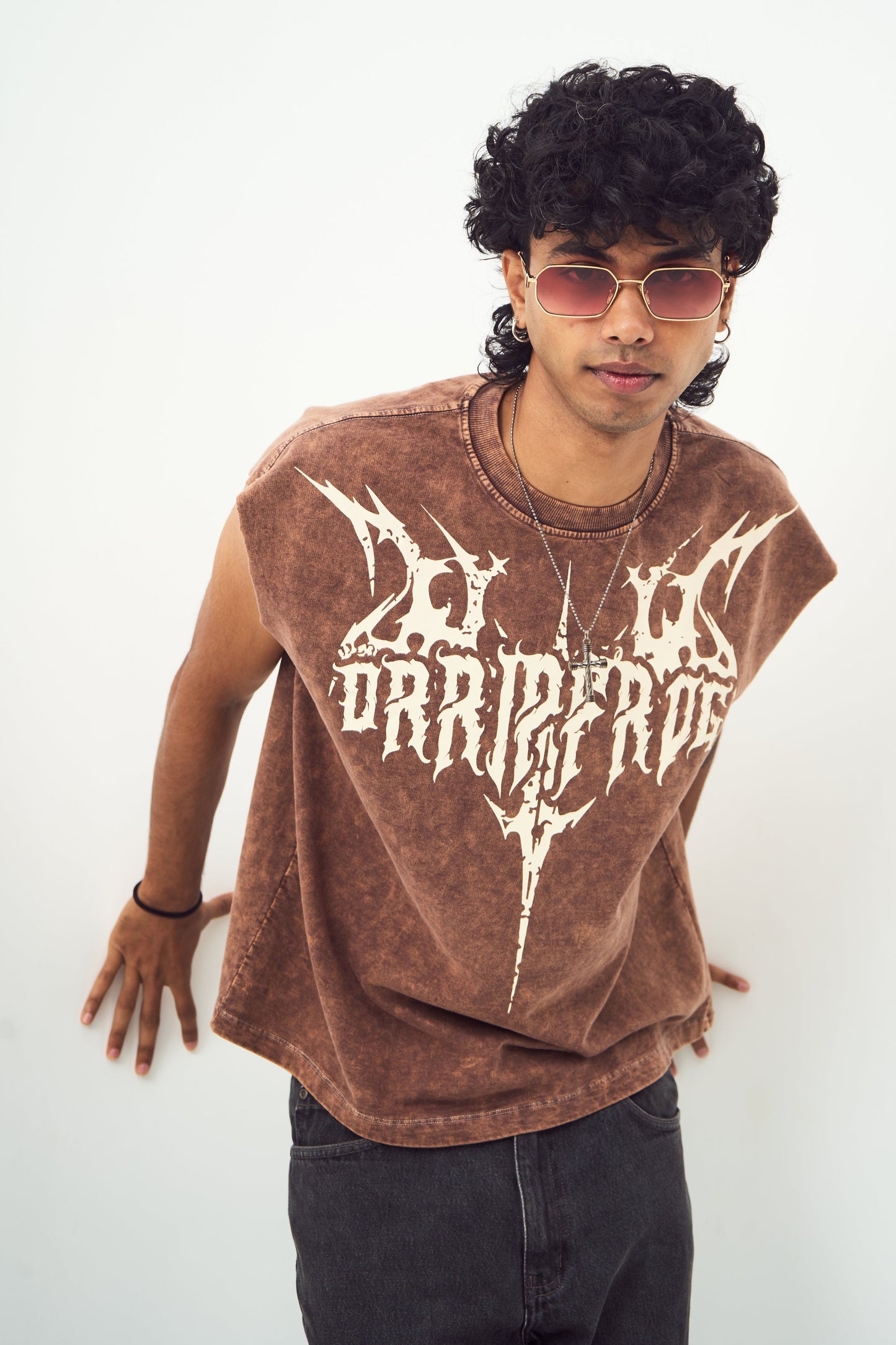 Brown Acid Wash Gothic Muscle Tee Beige Print