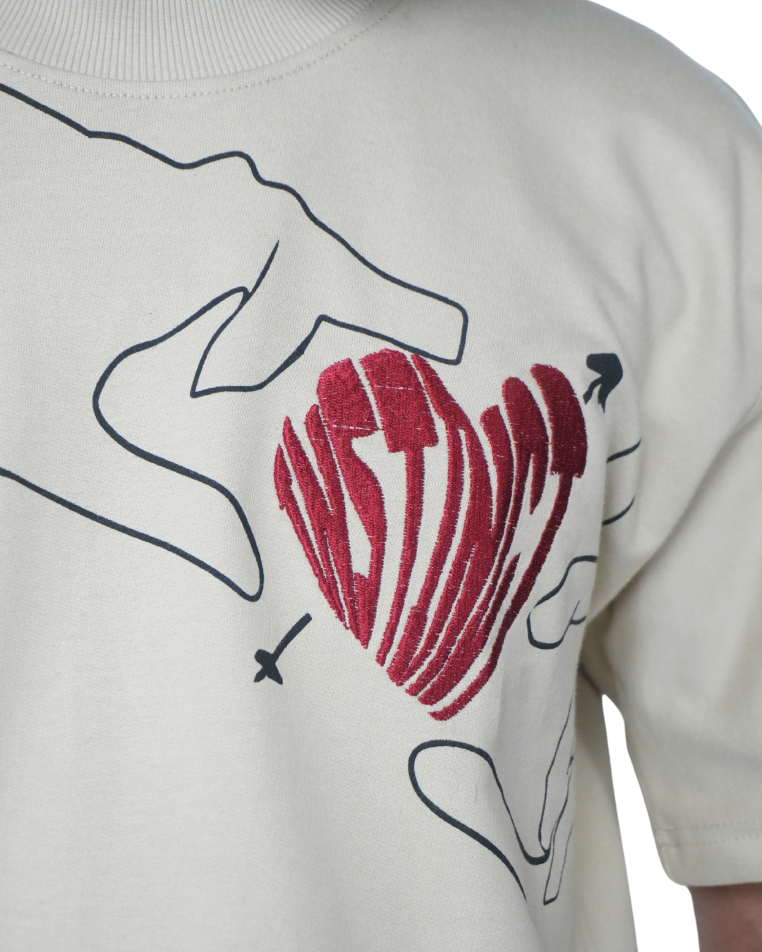 Stylera beige crew neck t shirt with embroidered red heart and hand line art trendy neutral color t-shirt