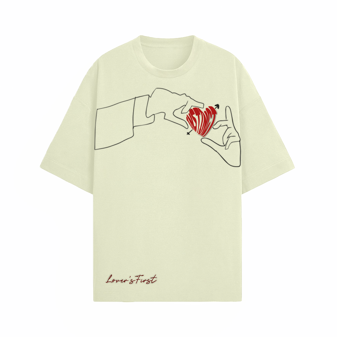 Stylera pale cream oversized tee with line art hands holding red heart and Lovers First text trendy neutral color t-shirt
