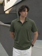 Army Green Solid Terry Cut Away Collar Regular Fit Polo T-Shirt
