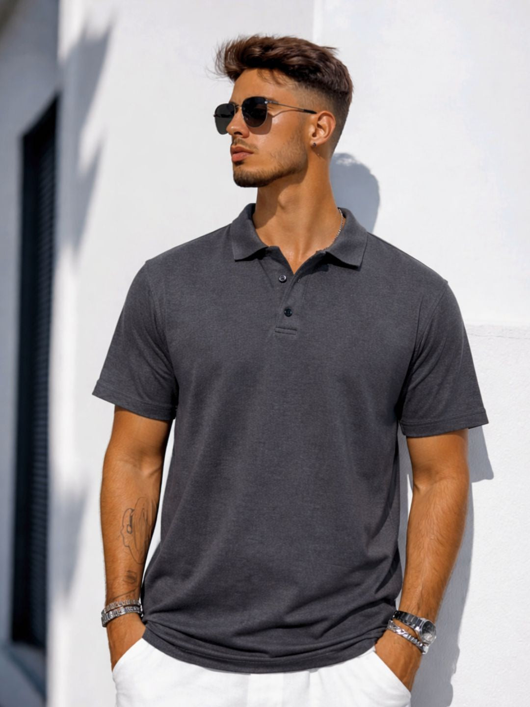 Charcoal Solid Terry Cut Away Collar Regular Fit Polo T-Shirt