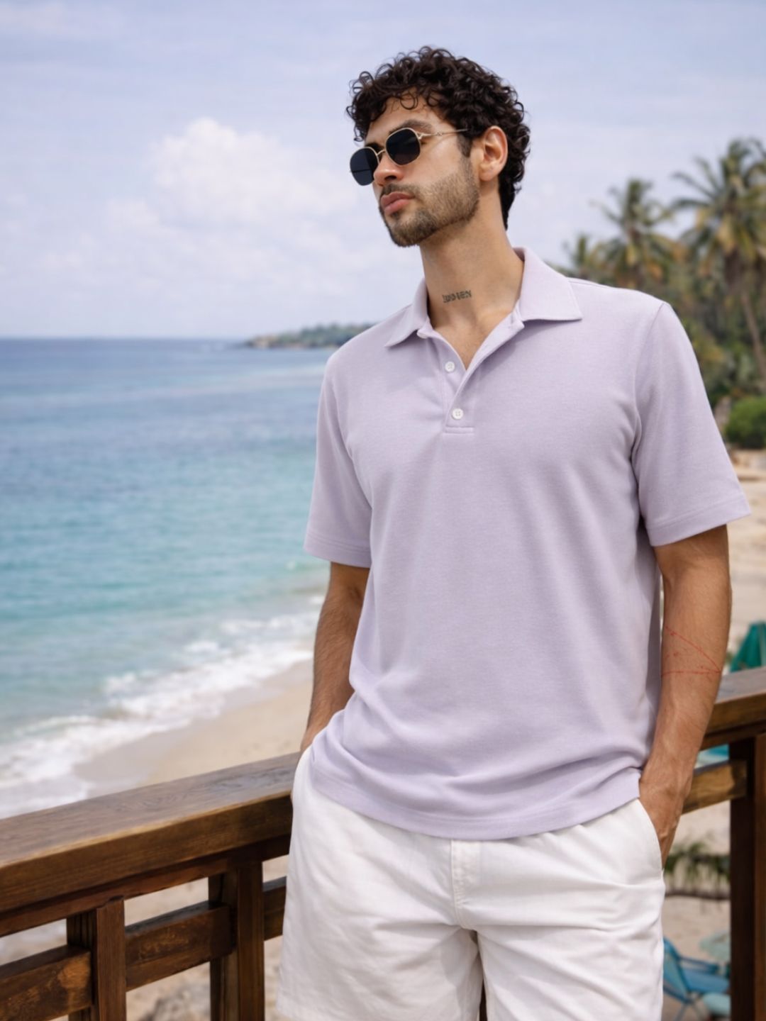 Light Purple Solid Terry Cut Away Collar Regular Fit Polo T-Shirt