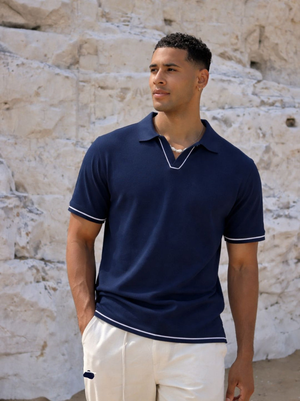 Navy Blue Solid Jersey Cut Away Collar Polo T-Shirt