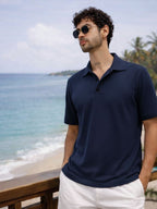 Navy Blue Solid Terry Cut Away Collar Regular Fit Polo T-Shirt