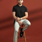 Johnny-Collar Knit Polo in Black