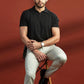 Johnny-Collar Knit Polo in Black
