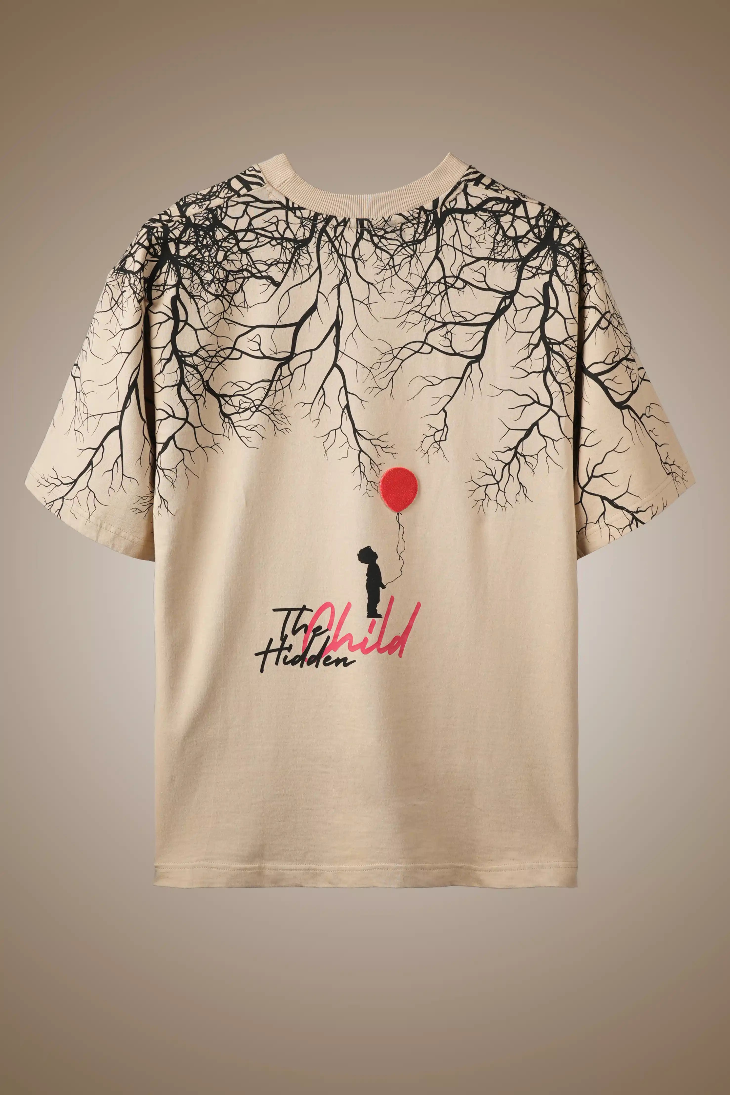 Hidden Child Beige Oversized Printed T-Shirt