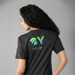 Woman with long black hair wears the Positive Body Image T Shirt, a black basic tee with half sleeves and a green "BY" and "Tuna Active" logo on the back, promoting positive body image.