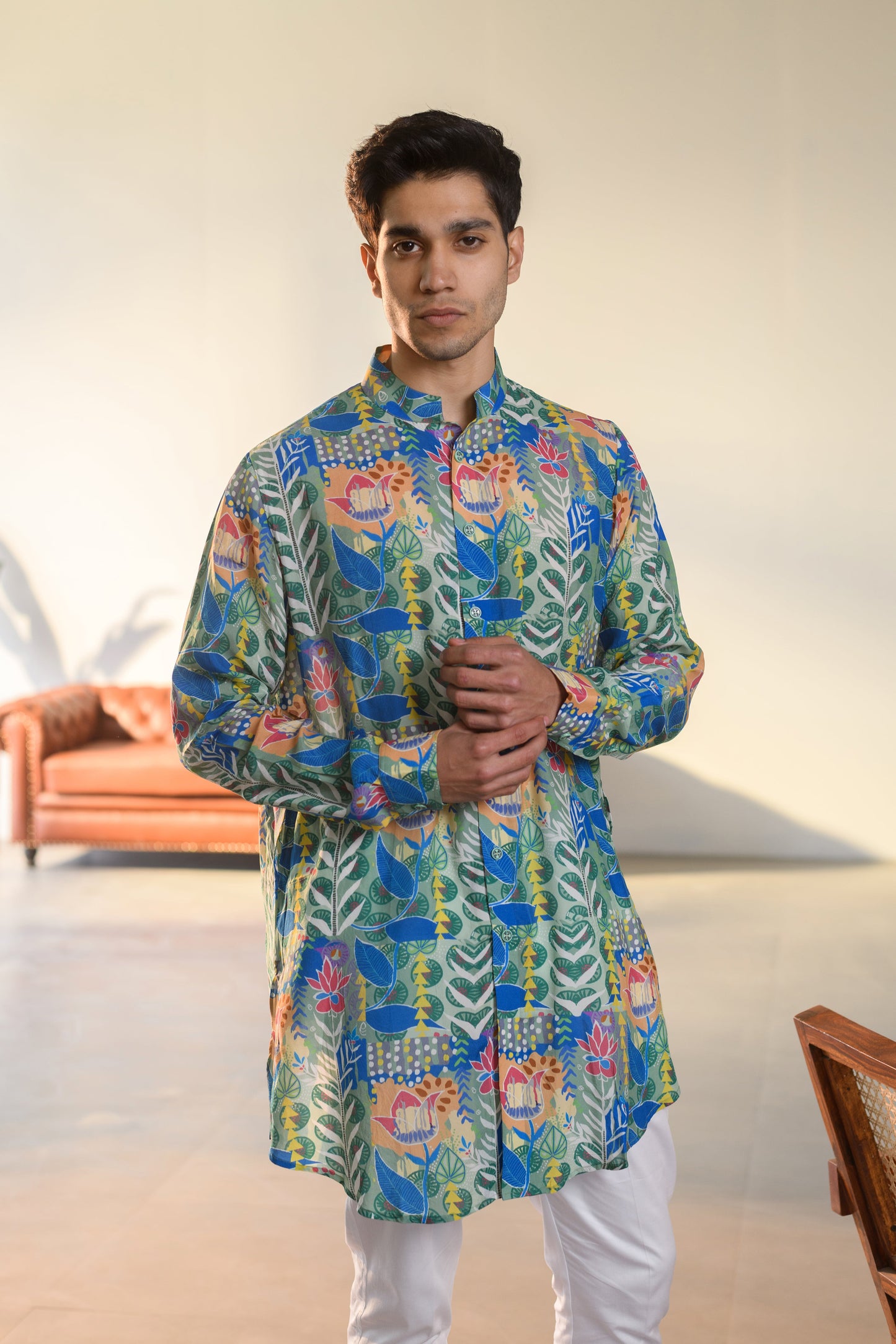 Justina Blue Floral - Russian Silk - Kurta Bandi Set