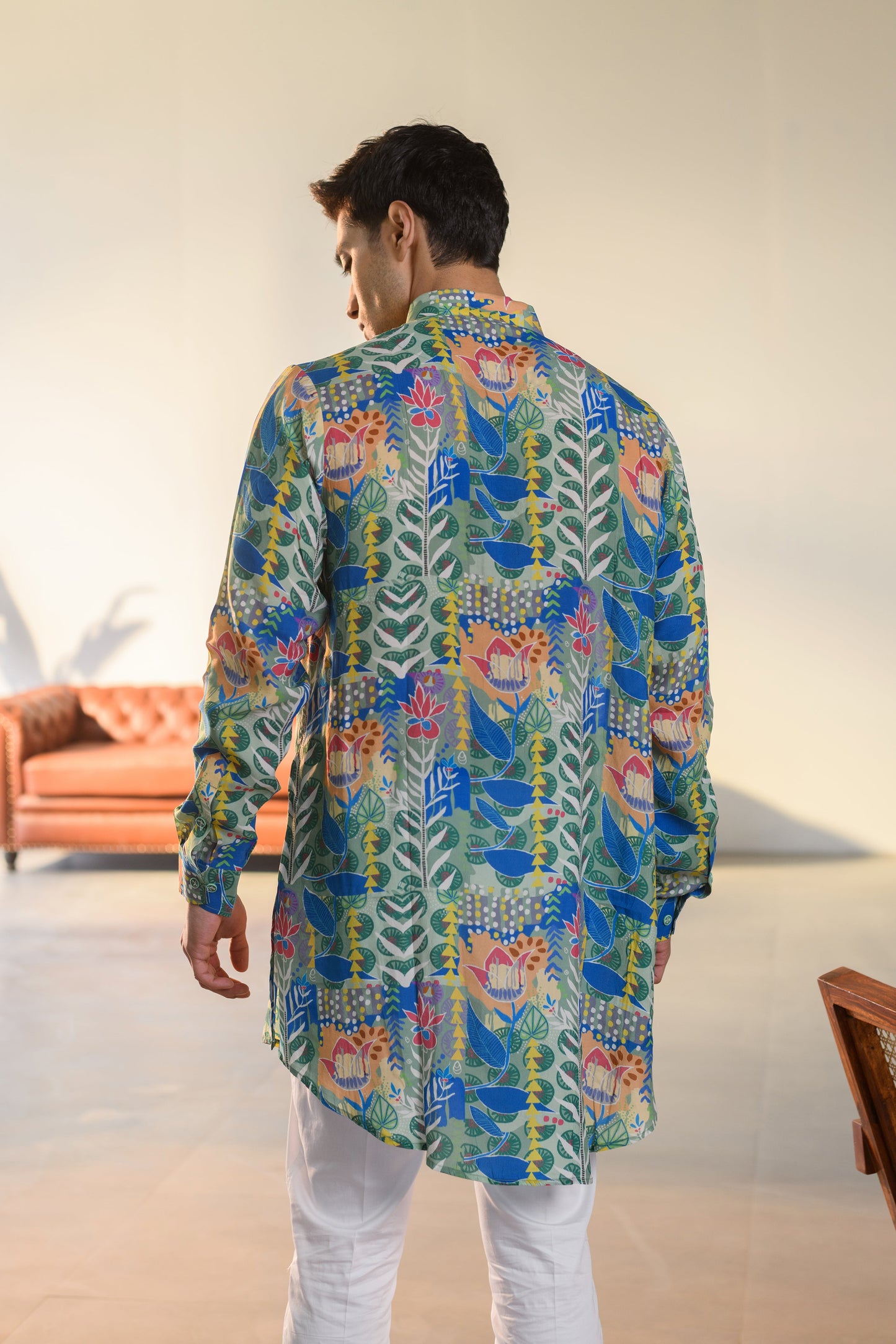 Justina Blue Floral - Russian Silk - Kurta Bandi Set
