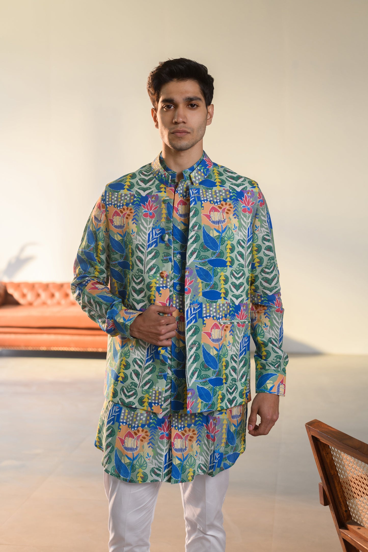 Justina Blue Floral - Russian Silk - Kurta Bandi Set