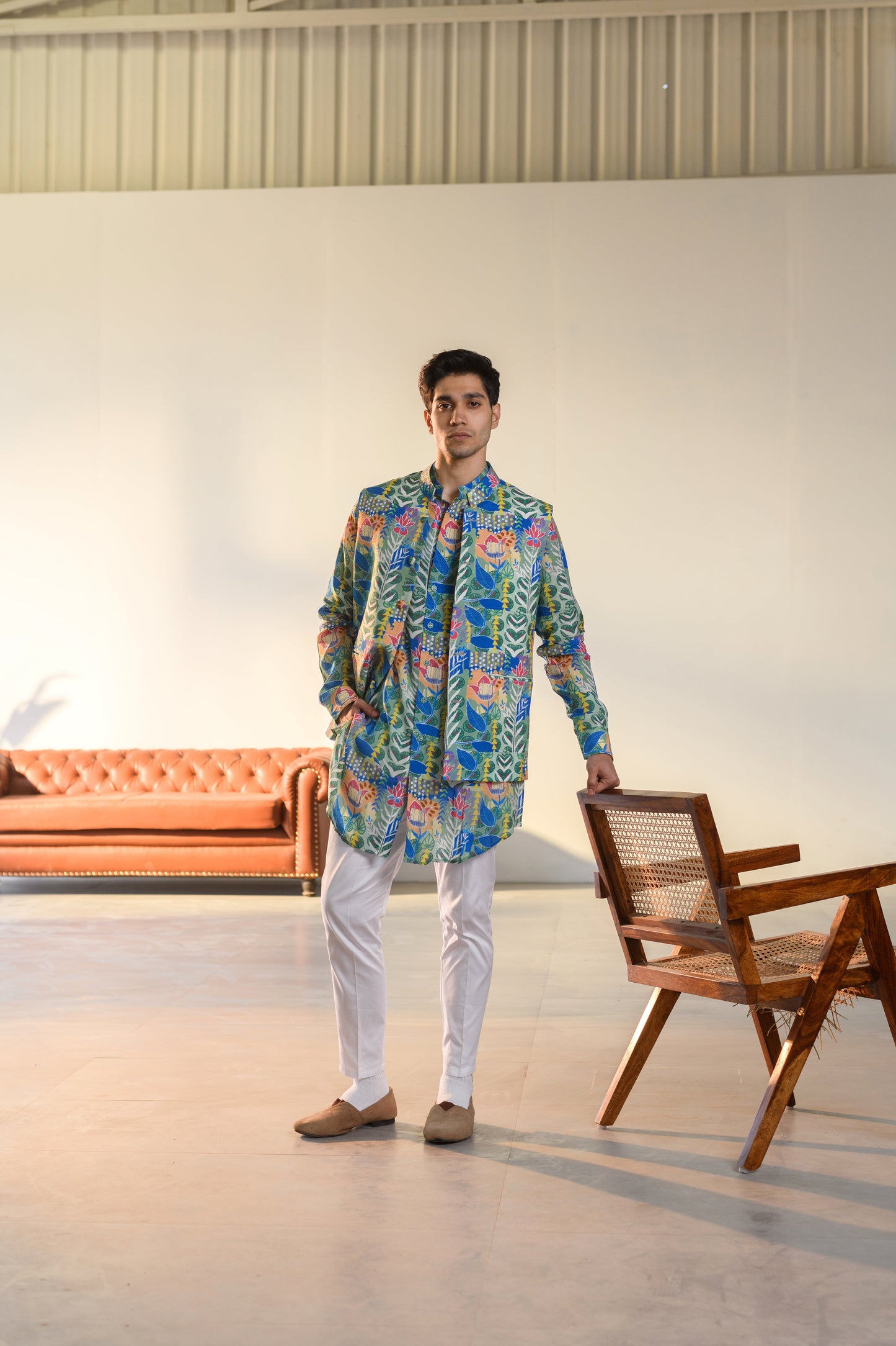 Justina Blue Floral - Russian Silk - Kurta Bandi Set