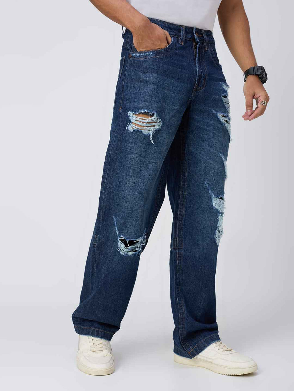 Men's Deep Blue Distressed Straight Fit Jeans B5IVE