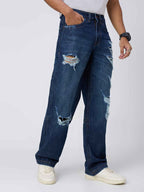 Men's Deep Blue Distressed Straight Fit Jeans B5IVE