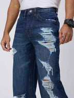 Men's Deep Blue Distressed Straight Fit Jeans B5IVE