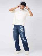 Men's Deep Blue Distressed Straight Fit Jeans B5IVE