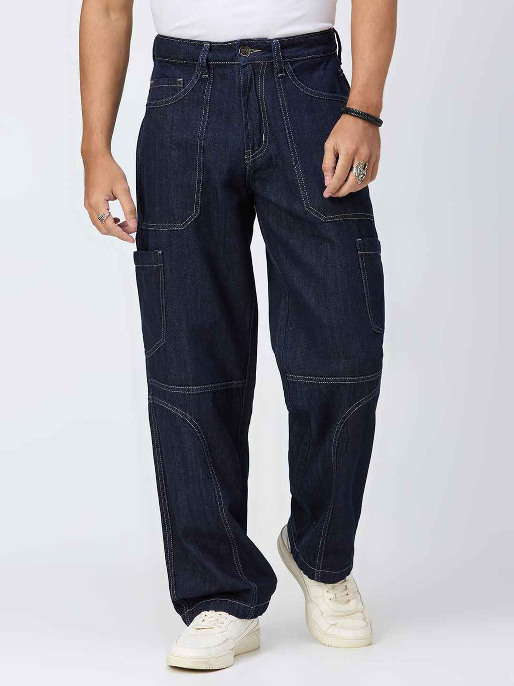 Men's Raw Contrast Stitch Straight Fit Jeans B5IVE