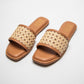 Stylera women's summer flat sandals with woven beige straps and brown sole