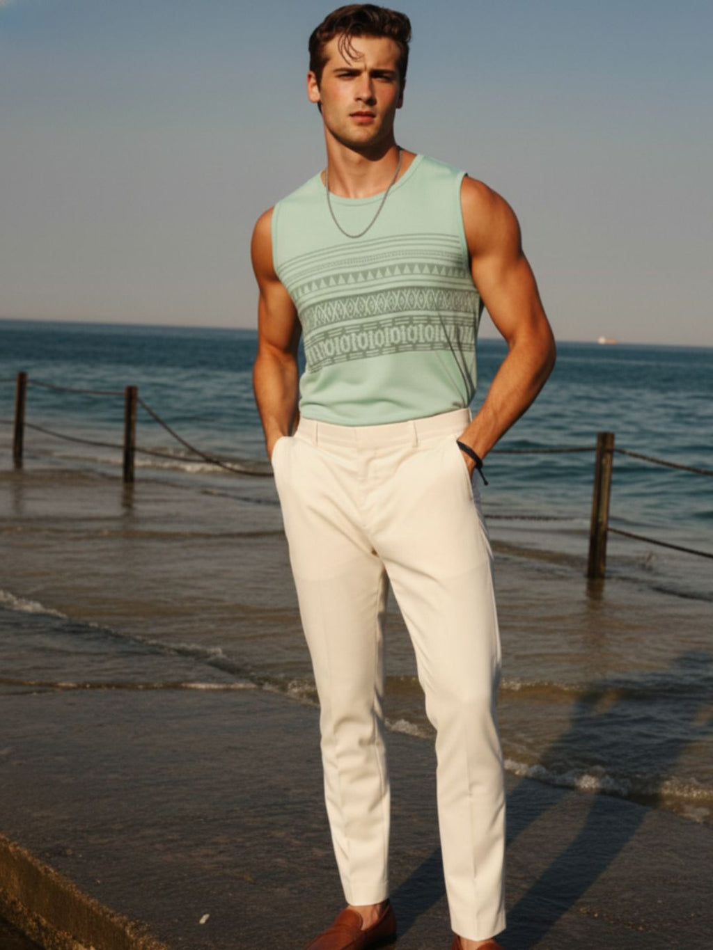 Jade Green Jersey Geometric Print Regular Fit Vest