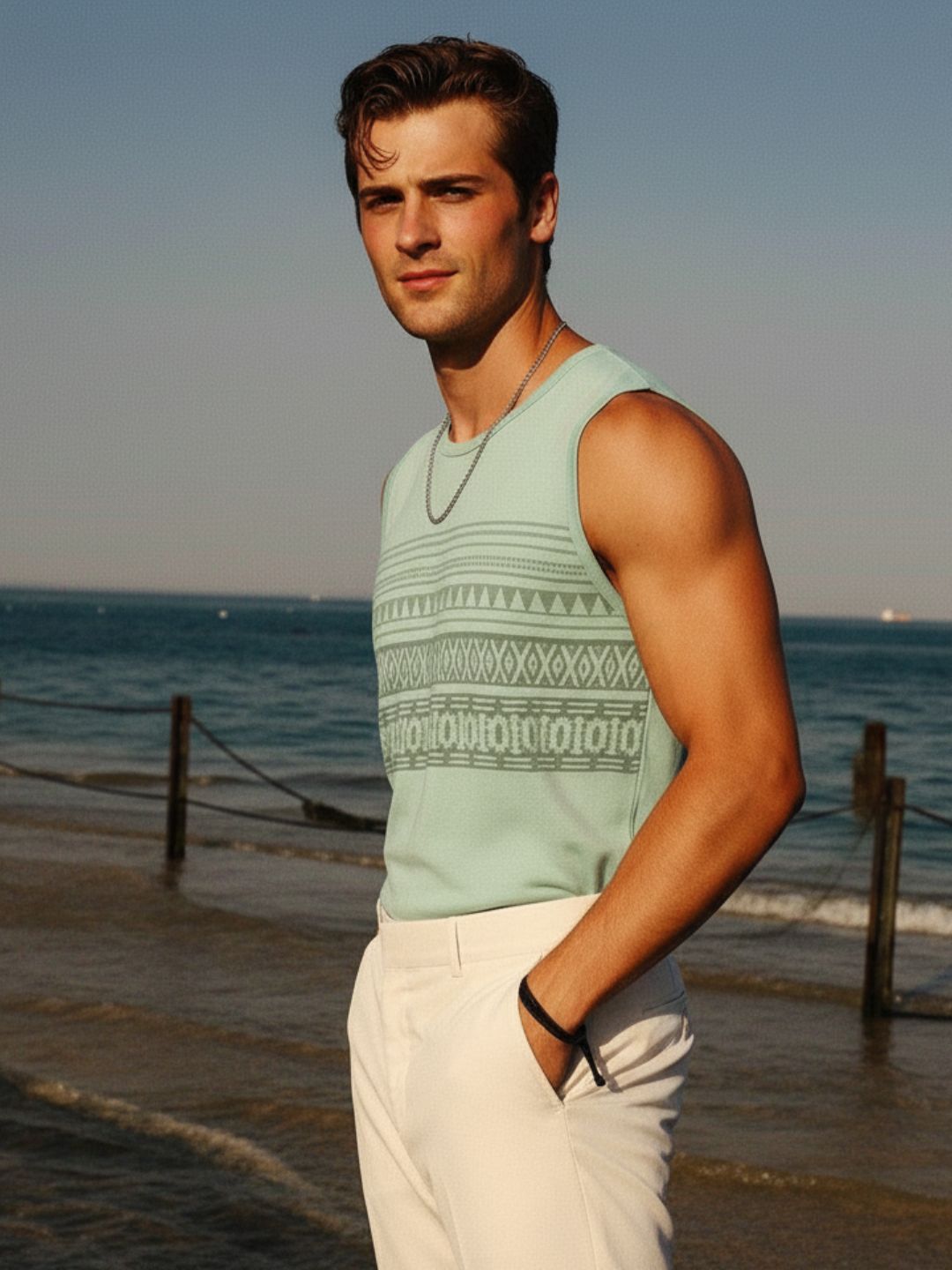 Jade Green Jersey Geometric Print Regular Fit Vest