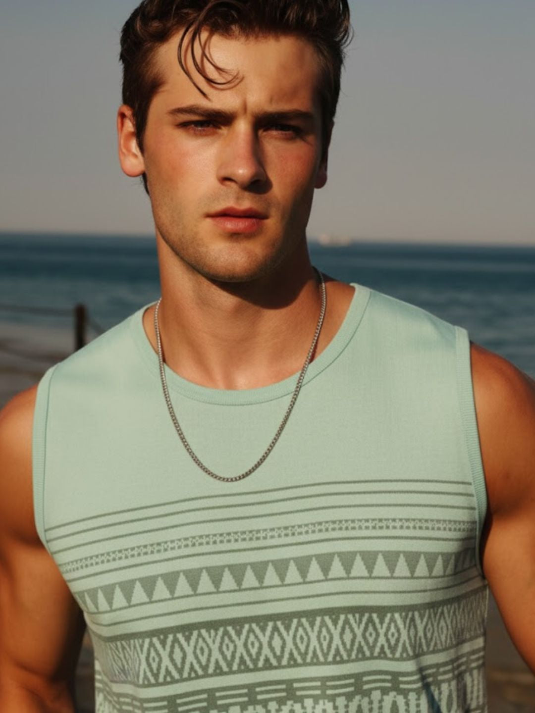 Jade Green Jersey Geometric Print Regular Fit Vest